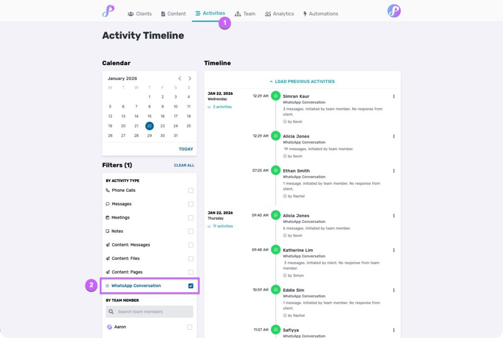 WhatsApp Conversations on Activity Timeline
