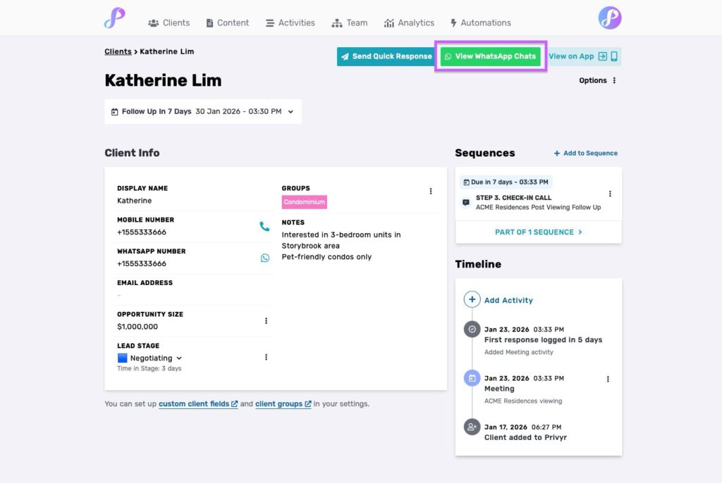 "View WhatsApp Chats" button on Client Details screen