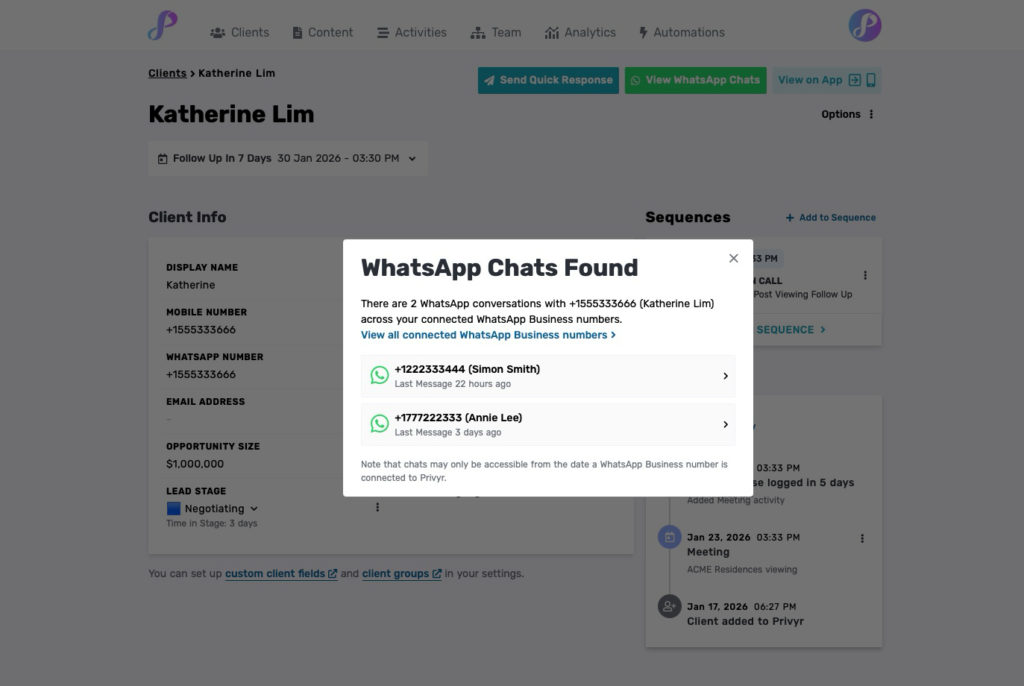 multiple whatsapp chats detected for lead in privyr